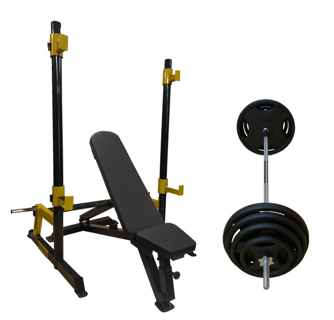 Лавка PE208 + Стійки під штангу Round PRO + Металева штанга RN-Sport Quatro 105 кг