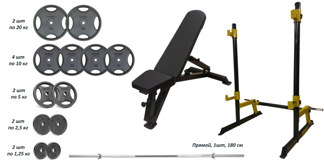 Лавка PE208 + Стійки під штангу Round PRO + Металева штанга RN-Sport Quatro 105 кг
