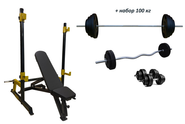 Скамья PE208 + Стойки Round PRO + 4 грифа + 100 кг металлических дисков