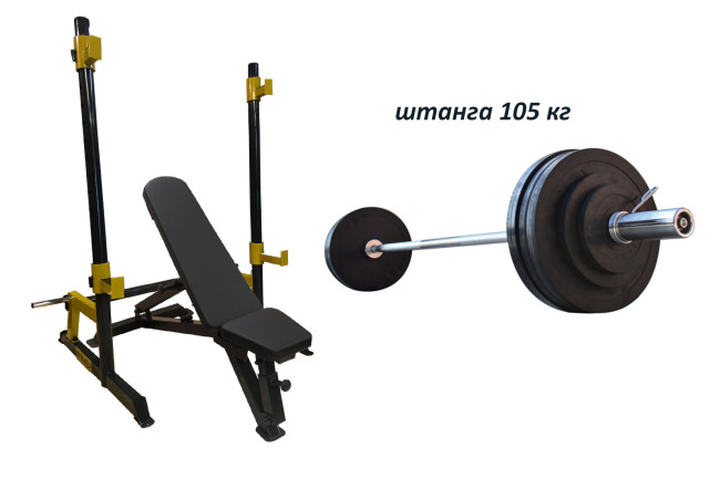 Проф. лава PE208 + Стійки Round PRO + Штанга гумова 105 кг з олімпійським грифом