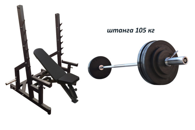 Проф. лава PE208 + Стійки Black Rock + Штанга гумова 105 кг з олімпійським грифом Проф. лава PE208 + Стійки Black Rock + Штанга гумова 105 кг з олімпійським грифом