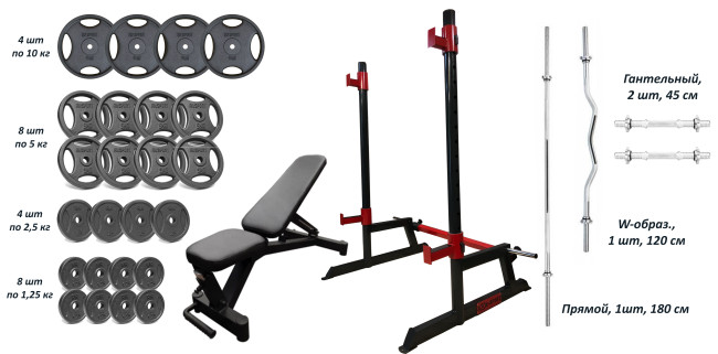 Лавка Black Rock + Стійки Round PRO + 4 грифи + 100 кг металевих дисків