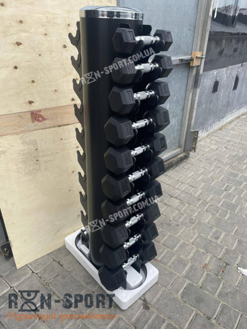 Гантелі шестигранні зі стійкою ряд 1-10 кг Rubber Hexagon Dumbbell