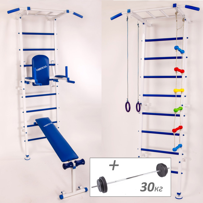 Шведська стінка RN-Sport VERTICAL Kids + Штанга (30 кг) + Дитячий навісний набір