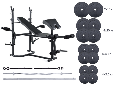 Скамья для жима TREX 1020 + 4 грифа + 2х15 кг, 4x10 кг, 4x5 кг, 4x2,5 кг