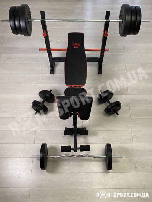 Лавка для жиму ReadMeBlack + Штанга 83 кг, гриф W, гантелі RN-Sport