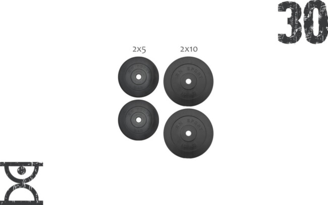 30 кг (2x5 и 2x10) дисков, покрытых пластиком (31 мм)