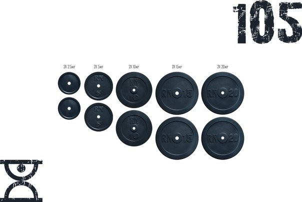 Набор блинов 105 кг (2х2.5, 2х5, 2х10, 2х15, 2х20) под гриф 25,30,50 мм